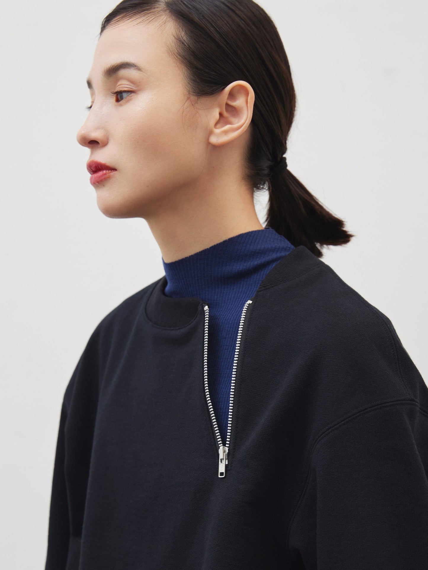 MOCK NECK LONG TEE/ NAVY WOOL