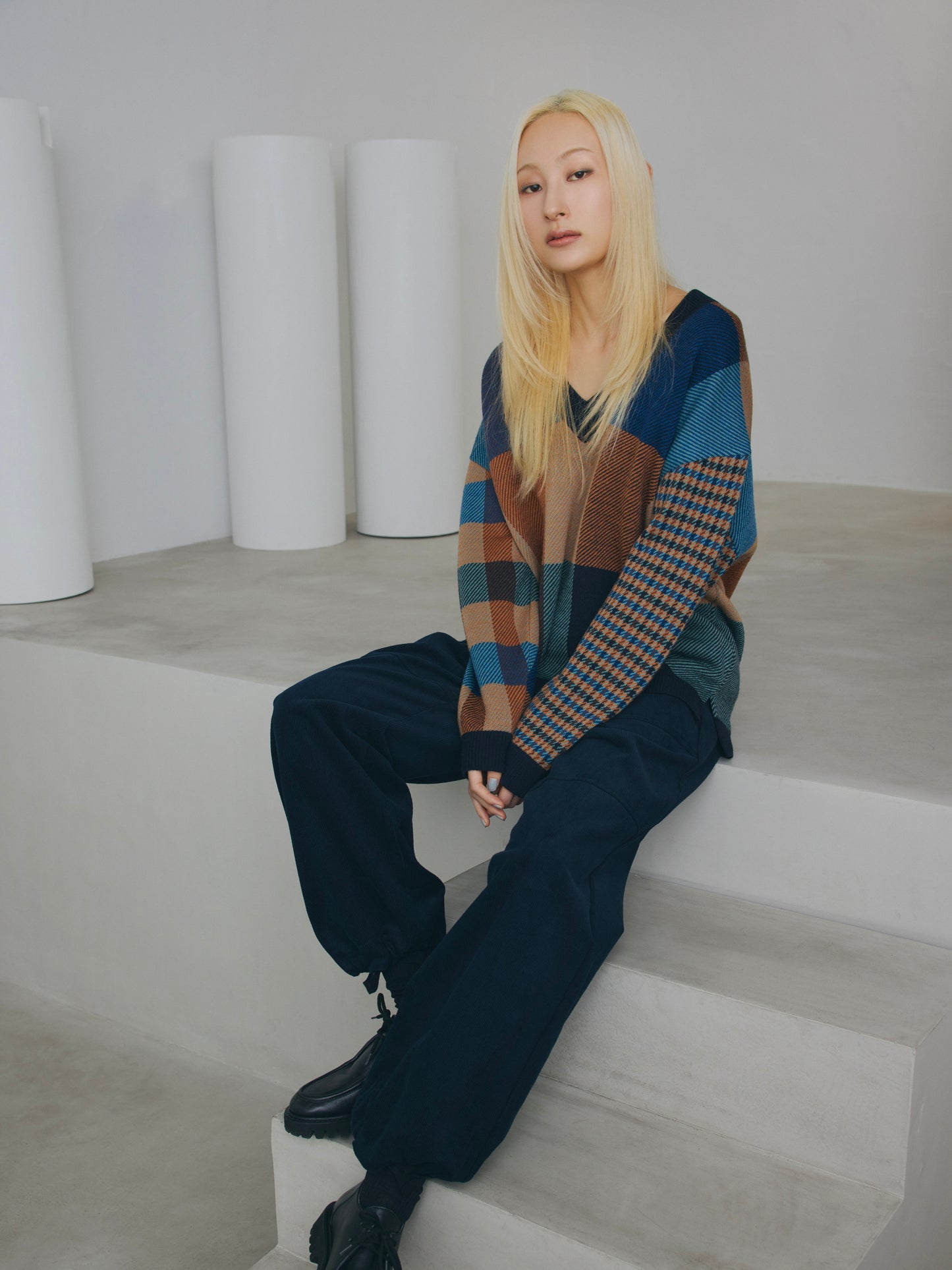 MIXED PLAID V SWEATER/ PLAID