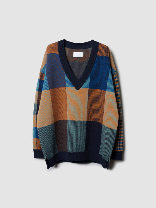 MIXED PLAID V SWEATER/ PLAID