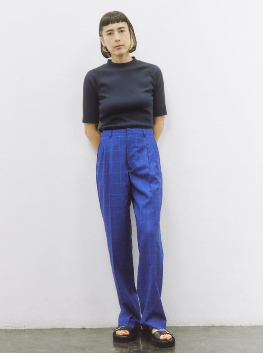 PLEATED TROUSER/ BLUE CHECK